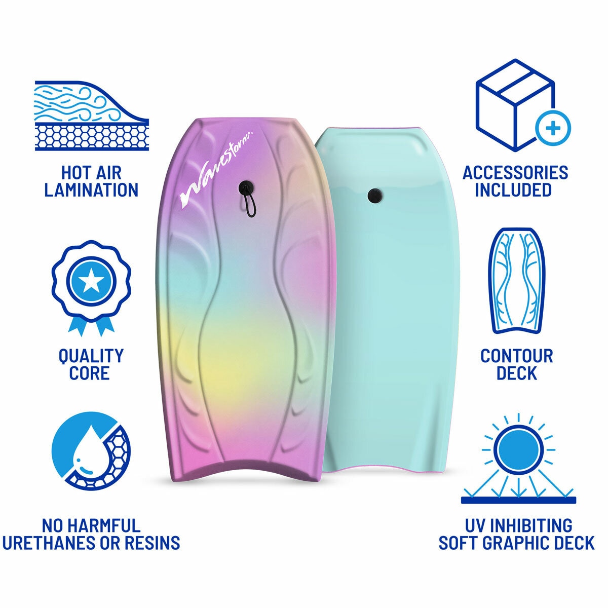 Graphic showing the different features of the bodyboard