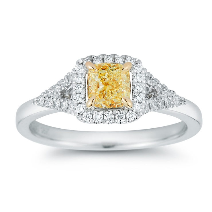 0.87ctw Cushion and Round Brilliant Cut Fancy Yellow Diamond Ring, 18ct Yellow Gold and Platinum
