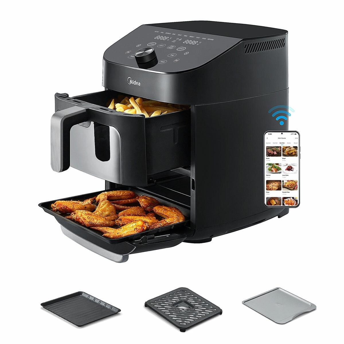 Side profile of Midea Dual Basket Air Fryer with opened basket