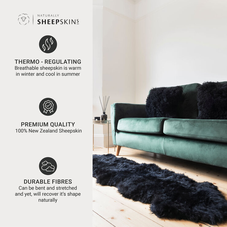 Naturally Sheepskins Long Wool Quad Rug, 180 x 110 cm in Black