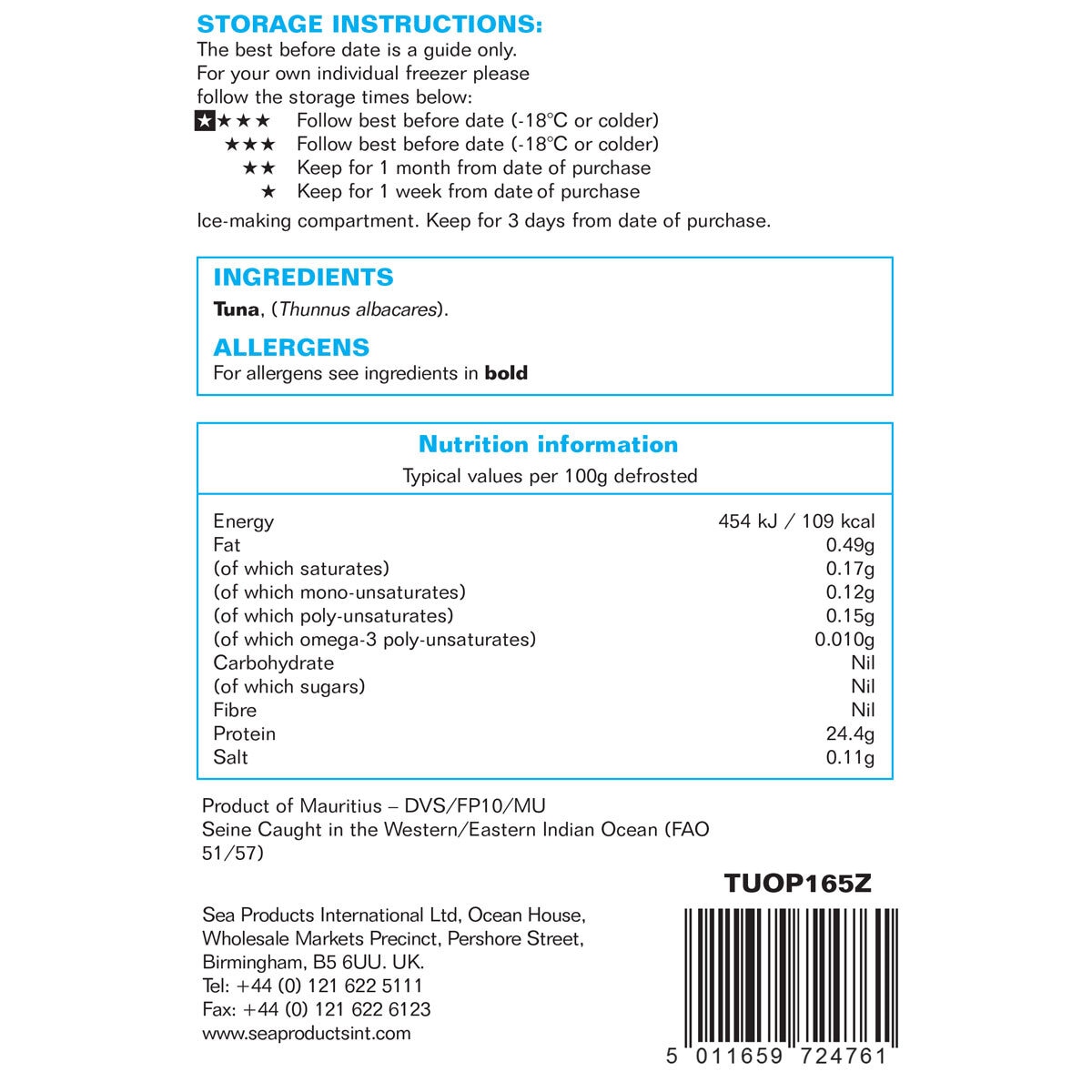 Back of pack of Tuna Steaks