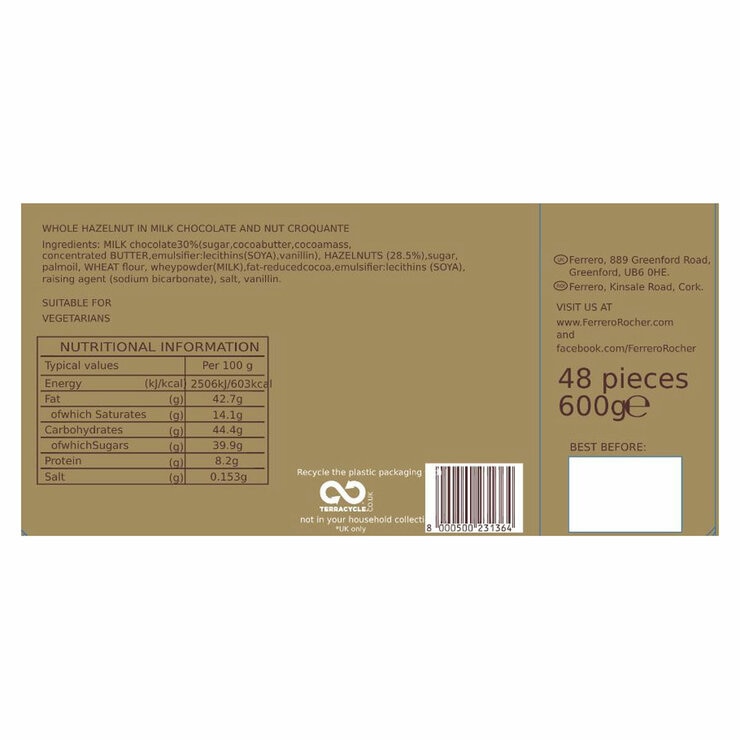 FERRERO ROCHER T48 600G Ingredient and nutritional info