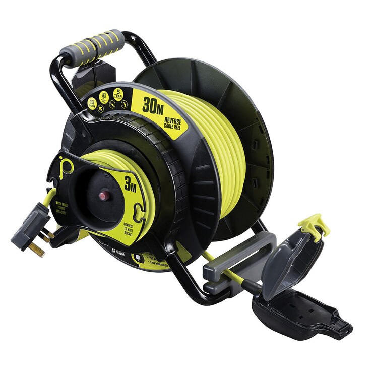 Masterplug 4 Gang 30m + 3m IP54 Rated Reverse Reel with Pull Out Socket