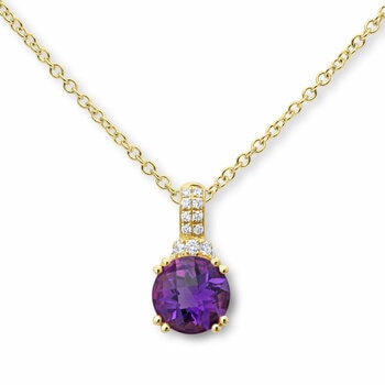 Round Cut Amethyst & 0.09ctw Diamond Pendant, 18ct Yellow Gold