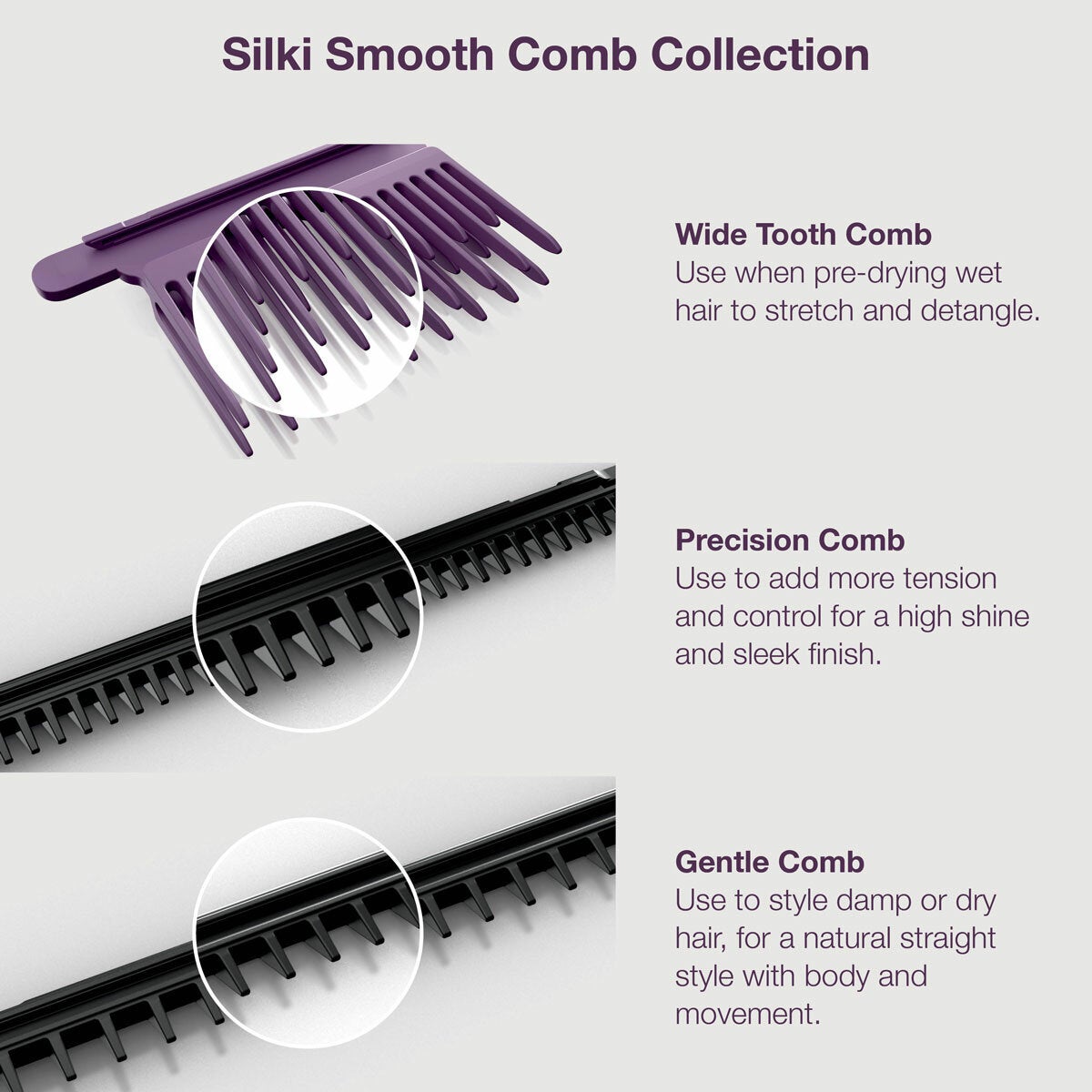 Lifestyle image showing silki smooth comb collection Lifestyle image showing silki smooth comb collection