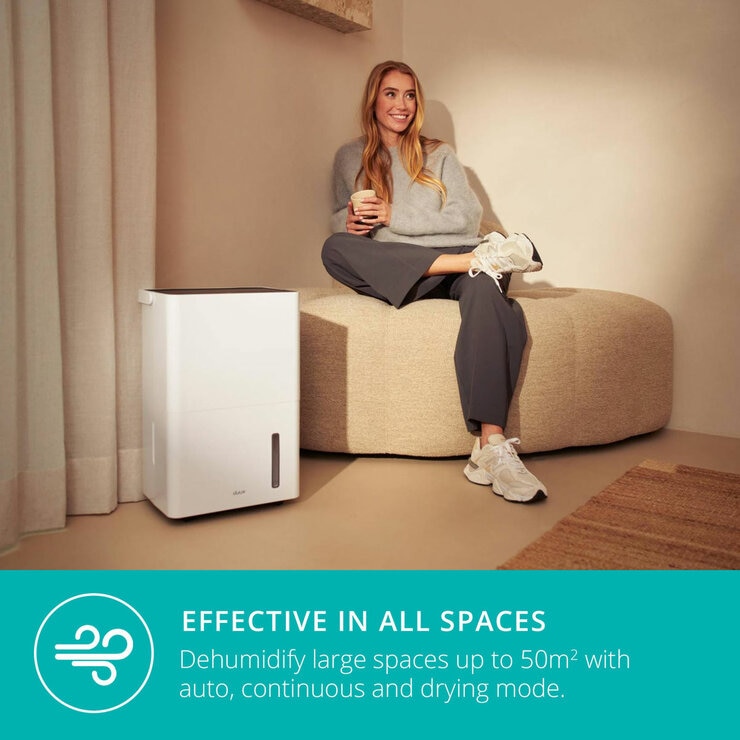 Lifestyle image of Bora Smart Dehumidifier 30L being used in large space up to 40m squared