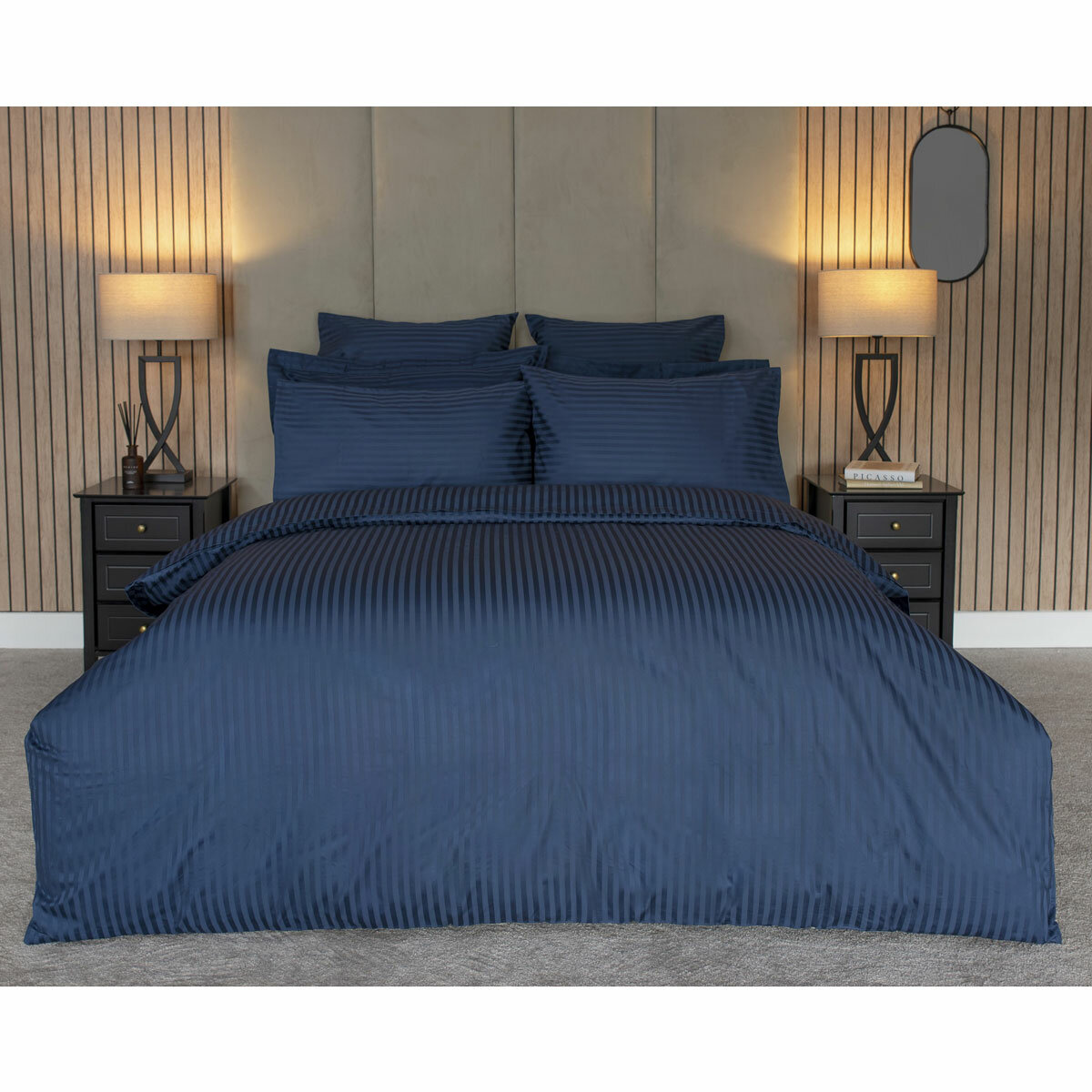 Belledorm 540 Thread Count Satin Stripe Navy Duvet Cover Set in 3 Sizes Belledorm 540 Thread Count Satin Stripe Navy Duvet Cover Set in 3 Sizes