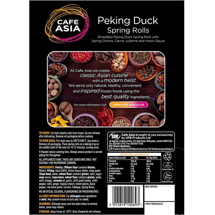 Back of pack of Café Asia duck spring rolls
