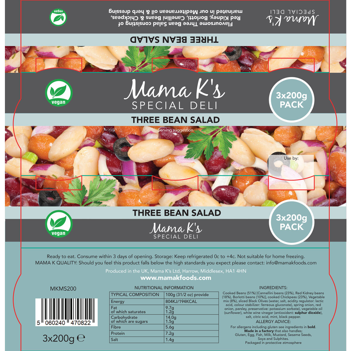 Back of pack image for Triple Pack of Mama K's 3 Bean Salad