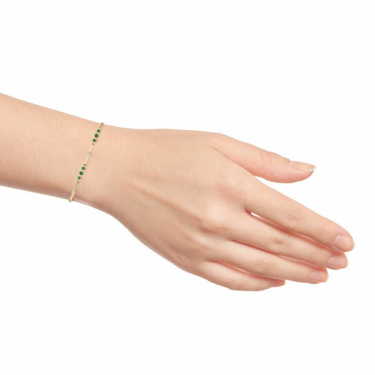 Round Cut Lab Emerald & 0.18ctw Diamond Bracelet, 18ct Yellow Gold