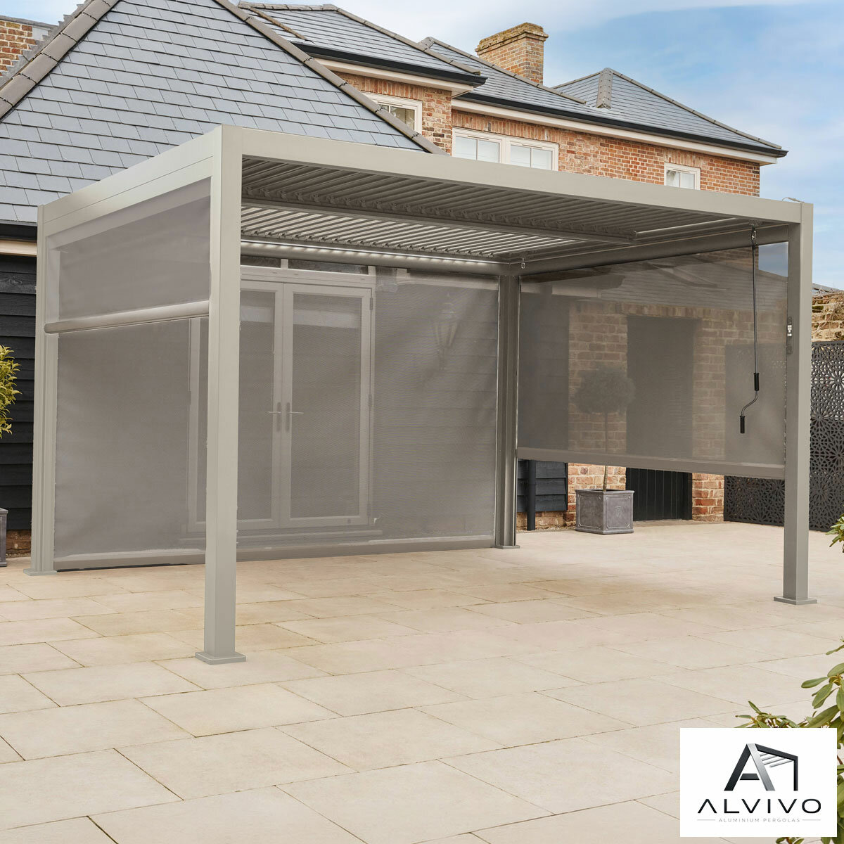 Alvivo 9ft 8" x 13ft 3" (3 x 4m) Beige Louvered Aluminium Pergola Bundle with 4 Pull-Down Screens Alvivo 9ft 8" x 13ft 3" (3 x 4m) Beige Louvered Aluminium Pergola Bundle with 4 Pull-Down Screens