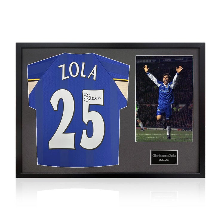 Gianfranco Zola Signed Framed Chelsea Football Shirt in Black Gianfranco Zola Signed Framed Chelsea Football Shirt in Black