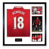 Paul Scholes MUFC Premier League Signed Framed Shirt, including 3 Photos