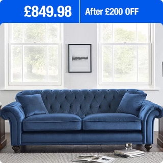 Bordeaux Button Back Blue Velvet 4 Seater Sofa