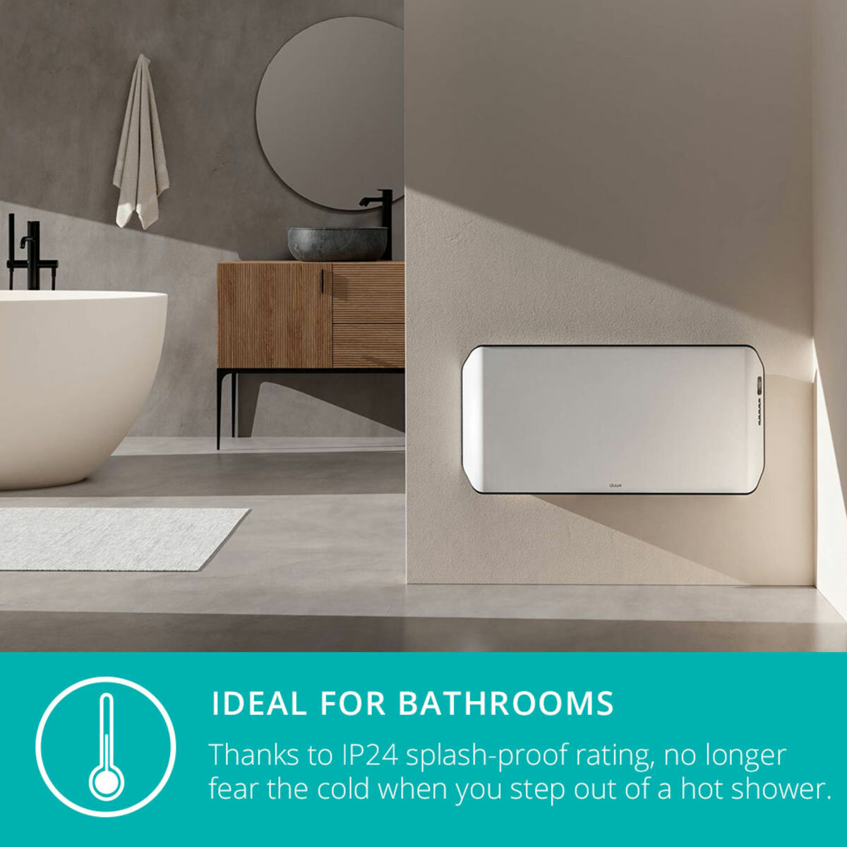 Lifestyle image of Edge 1000 Smart Convector Heater Gen 2 being used in bathrooms