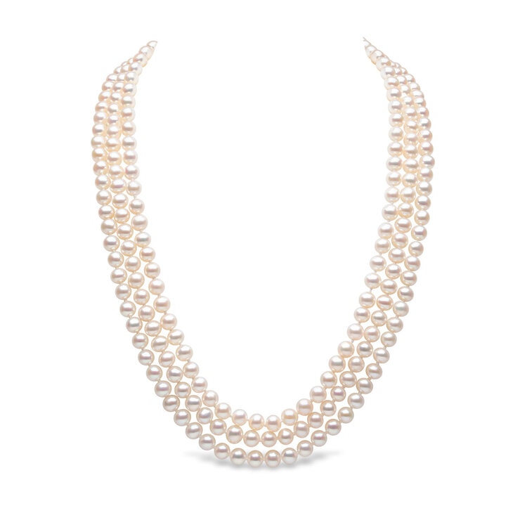 5.5-6mm Cultured Freshwater 3 Row White Pearl Necklace, 14ct Yellow Gold 5.5-6mm Cultured Freshwater 3 Row White Pearl Necklace, 14ct Yellow Gold