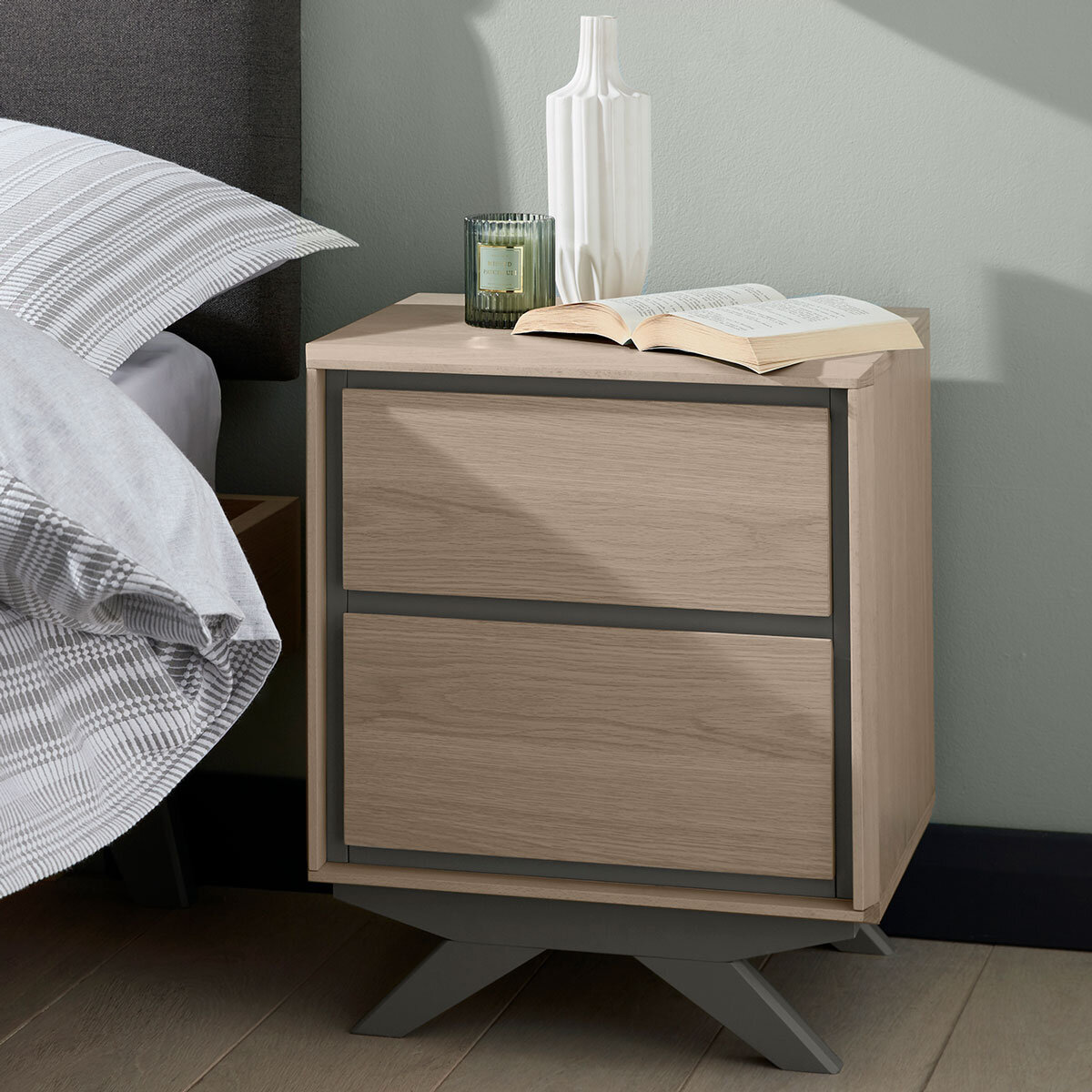 Bentley Designs Brunel Scandi Oak & Dark Grey One Drawer Nightstand, 2 Pack, Side View