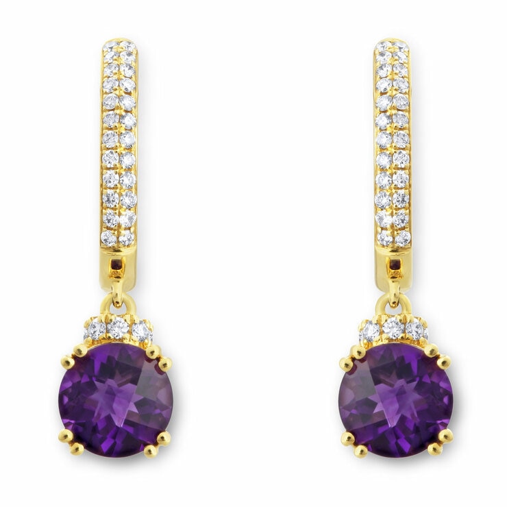 Round Cut Amethyst & 0.24ctw Diamond Earrings, 18ct Yellow Gold