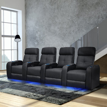 Valencia Verona Row of 4 Black Leather Power Reclining Home Theatre Seating