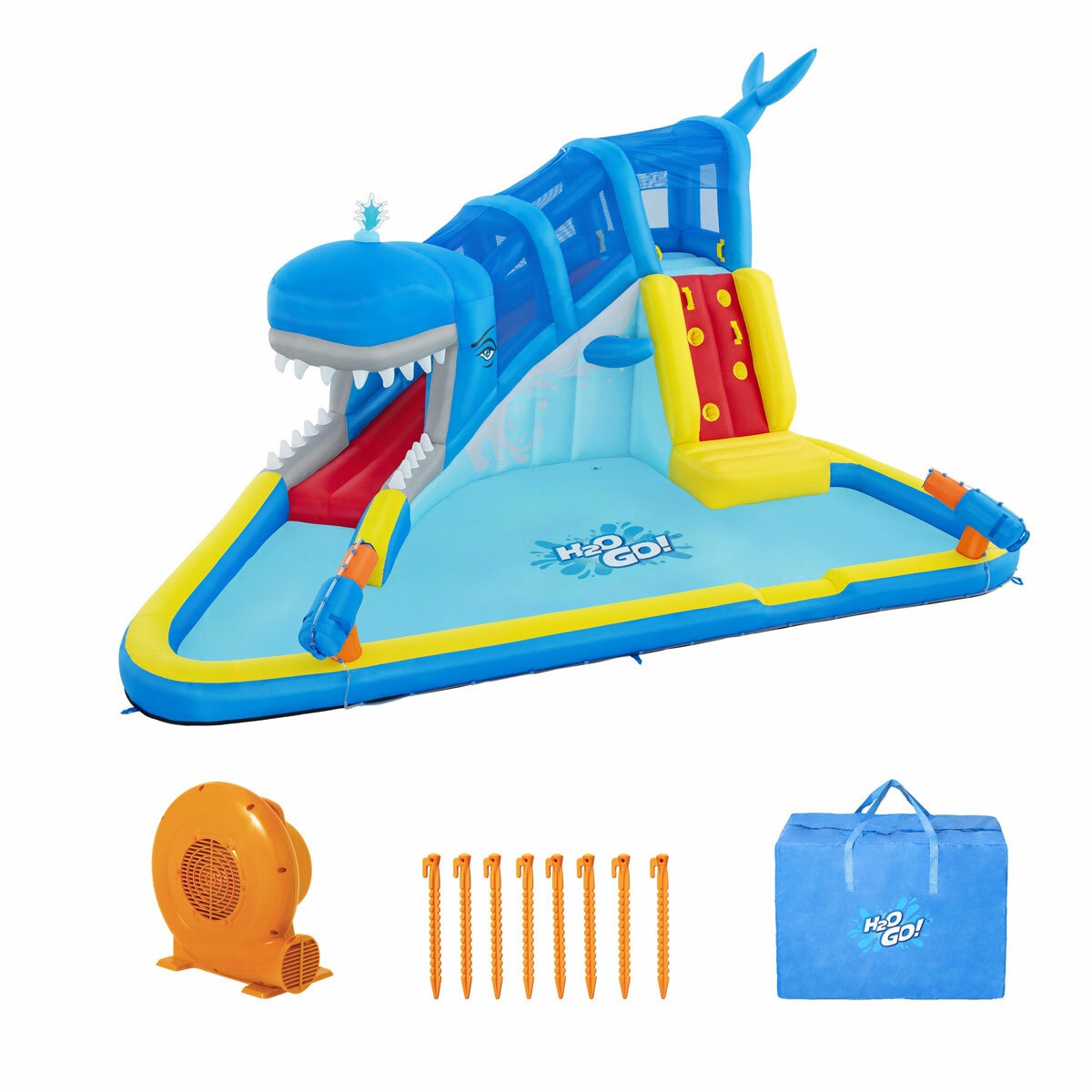 Studio image of the H2OGO! Whales 'n Waves Kids Inflatable Mega Water Park, blower and stakes