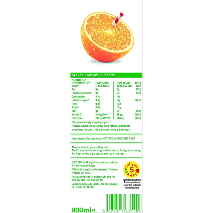 Tropicana Original Orange Juice With Bits, 4 x 900ml Tropicana Original Orange Juice With Bits, 4 x 900ml