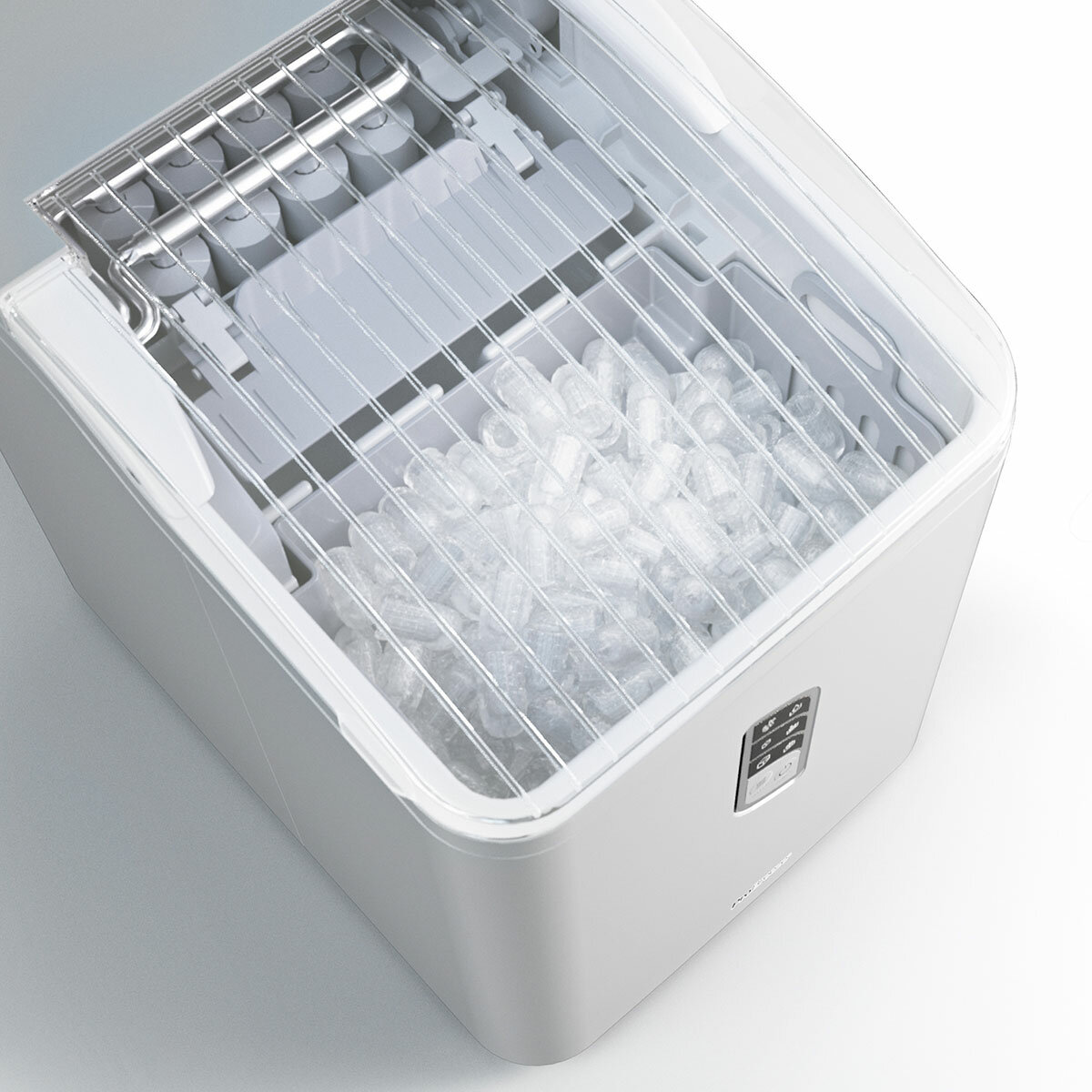 Ice cube maker with lid open Ice cube maker with lid open