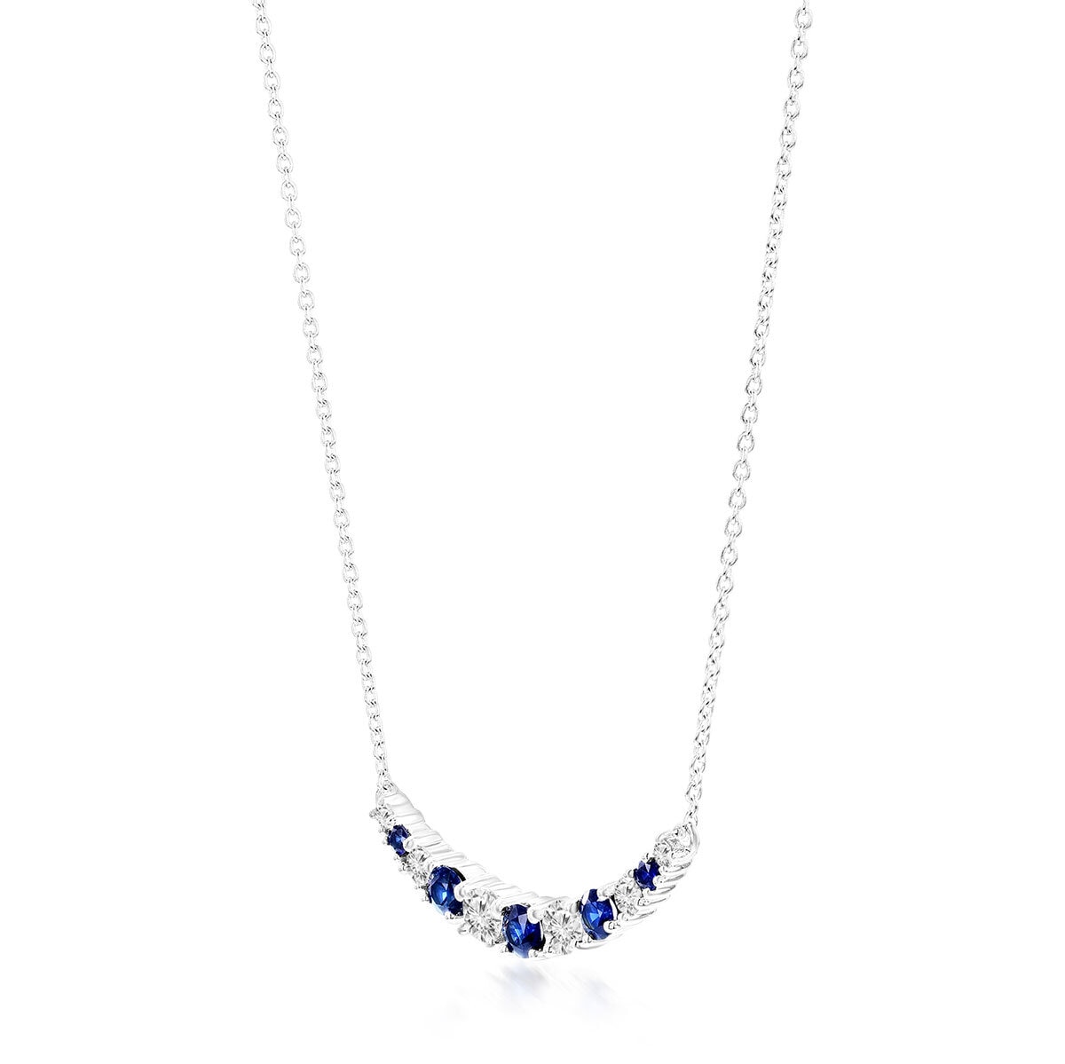 Round Cut Blue Sapphire & 0.37ctw Diamond Necklace, 14ct White Gold
