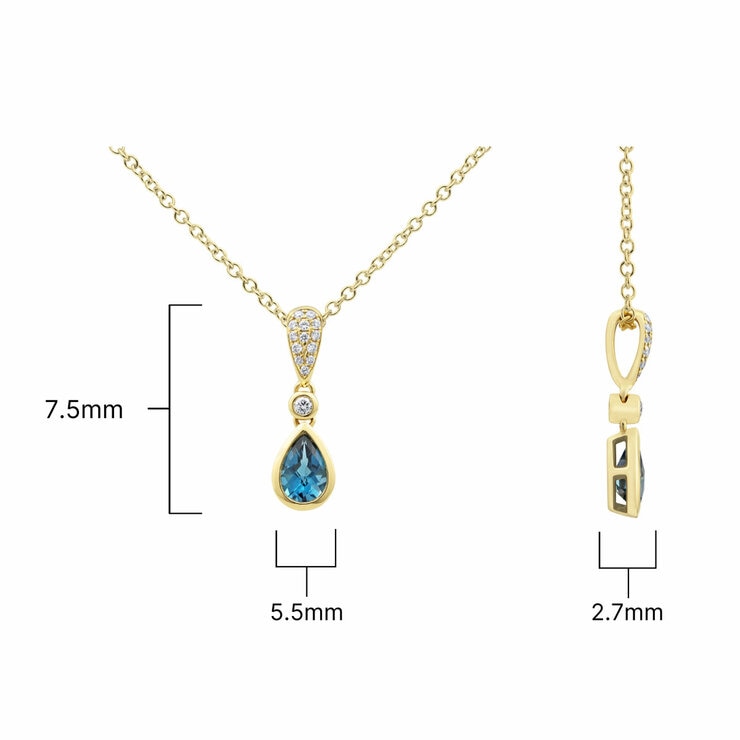 Pear Cut Blue Topaz & 0.07ctw Diamond Pendant, 18ct Yellow Gold