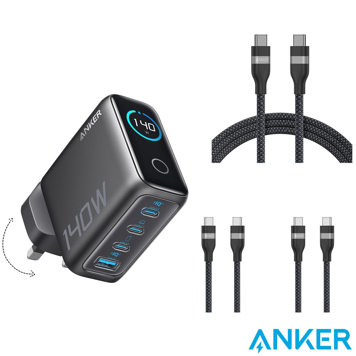 Anker Prime 140W 4-Port GaN Charger with 0.9 m 240W USB-C to USB-C Cable and 1.8 m 240W USB-C to USB-C Cable
