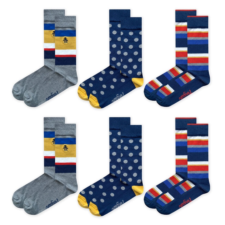 Original Penguin Men's Striped Socks, 6 Pack in Grey, Navy and Red Original Penguin Men's Striped Socks, 6 Pack in Grey, Navy and Red