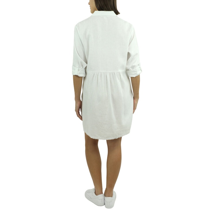 Jachs Ladies Roll Sleeve Linen Blend Dress in White - Medium