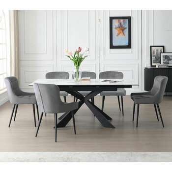 Indus Valley Kia Ceramic Extending Dining Table + 6 Grey Chairs, Seats 6-8