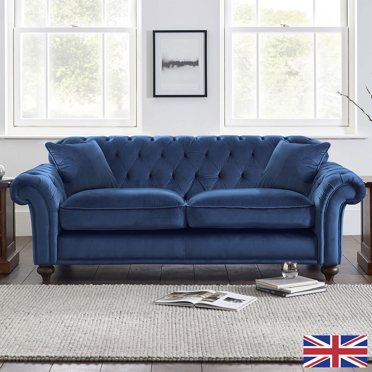 Bordeaux Button Back Blue Velvet 2 Seater Sofa