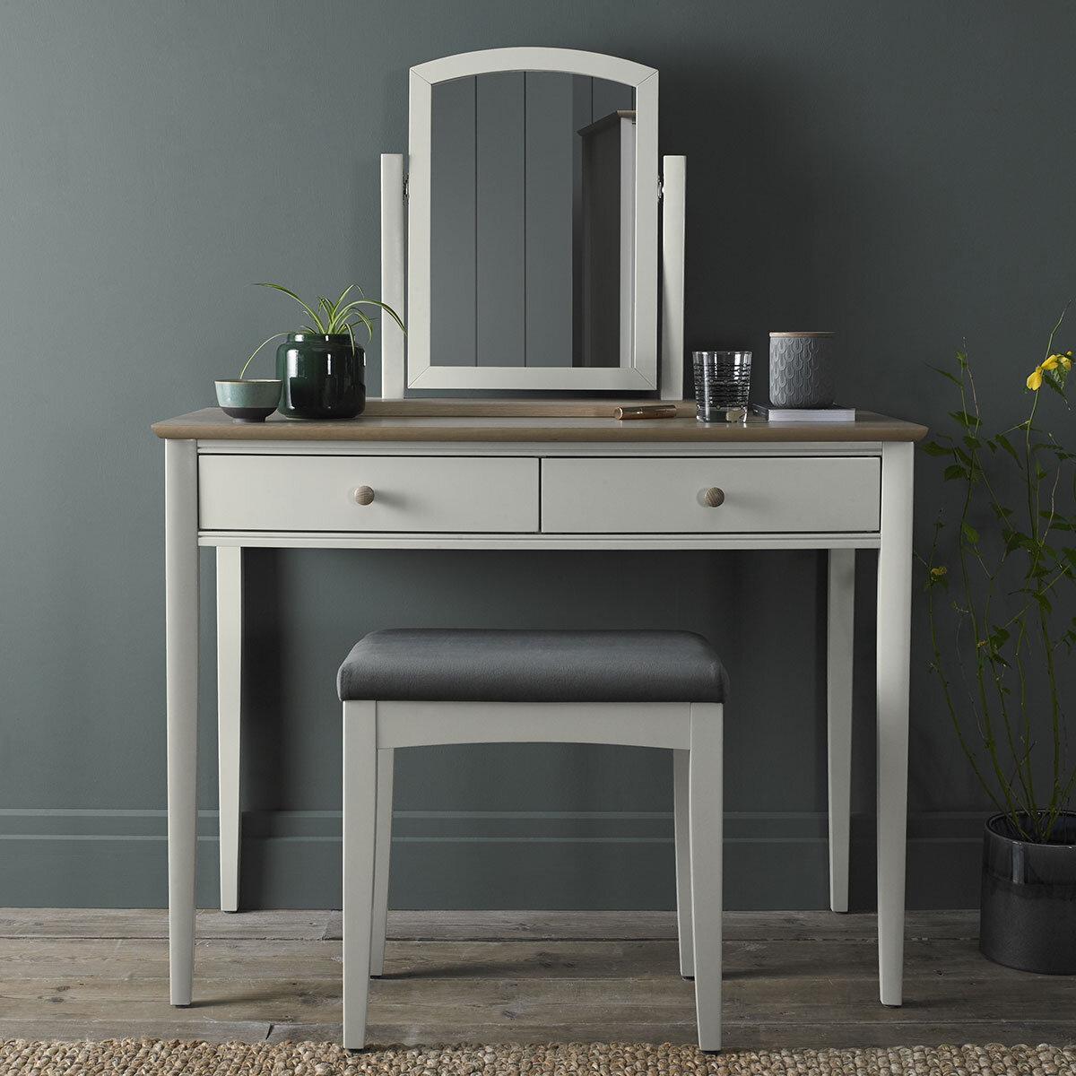 Bentley Designs Whitby Scandi Oak & Soft Grey Dressing Table & Stool