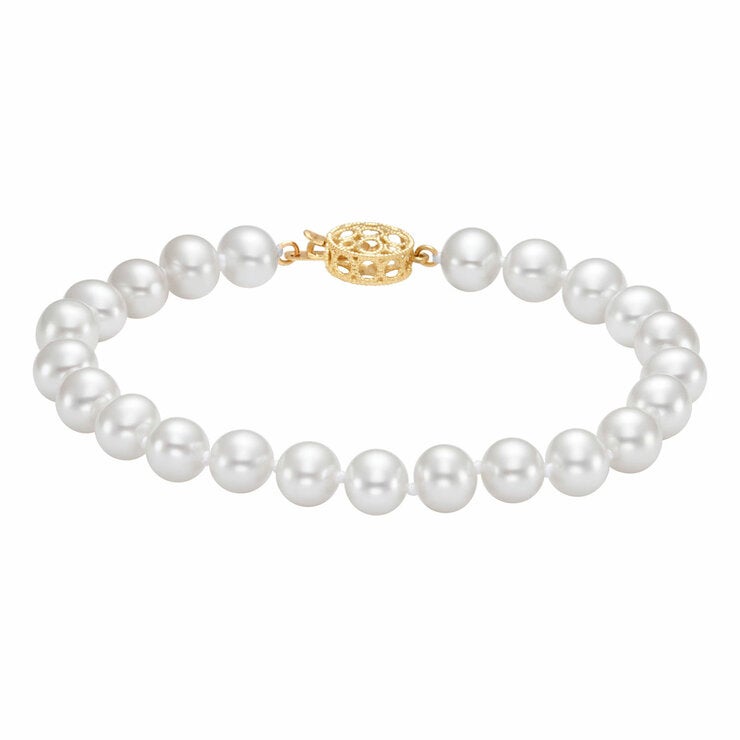 7-7.5mm Freshwater White Pearl Circle Clasp Bracelet, 14ct Yellow Gold 7-7.5mm Freshwater White Pearl Circle Clasp Bracelet, 14ct Yellow Gold