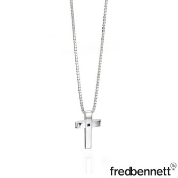 Fred Bennett Sterling Silver Cross Pendant with Blue Sapphire Stone