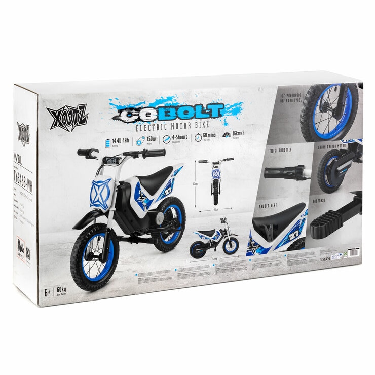 Studio image of the Xootz Cobolt Kids Electric Motorbike, boxed