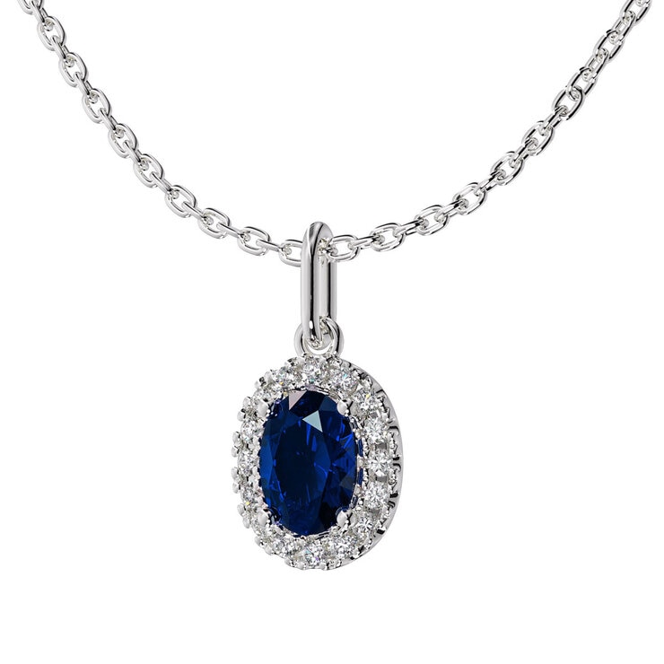 Oval Cut Sapphire & 0.16ctw Diamond Halo Pendant, 14ct White Gold Oval Cut Sapphire & 0.16ctw Diamond Halo Pendant, 14ct White Gold