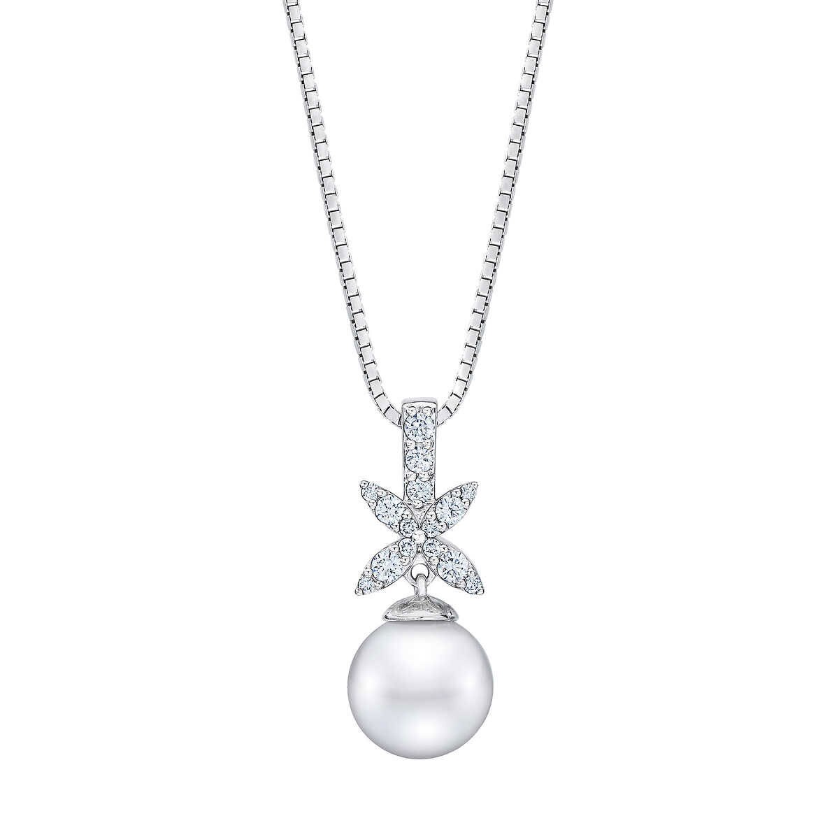 9-10mm Cultured Freshwater White Pearl & 0.22ctw Diamond Necklace, 14ct White Gold