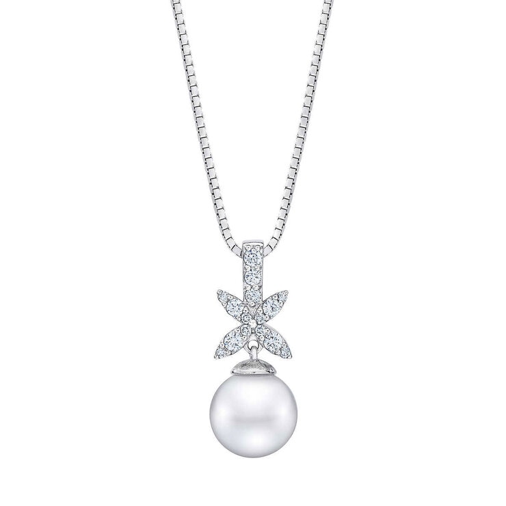 9-10mm Cultured Freshwater White Pearl & 0.22ctw Diamond Necklace, 14ct White Gold 9-10mm Cultured Freshwater White Pearl & 0.22ctw Diamond Necklace, 14ct White Gold