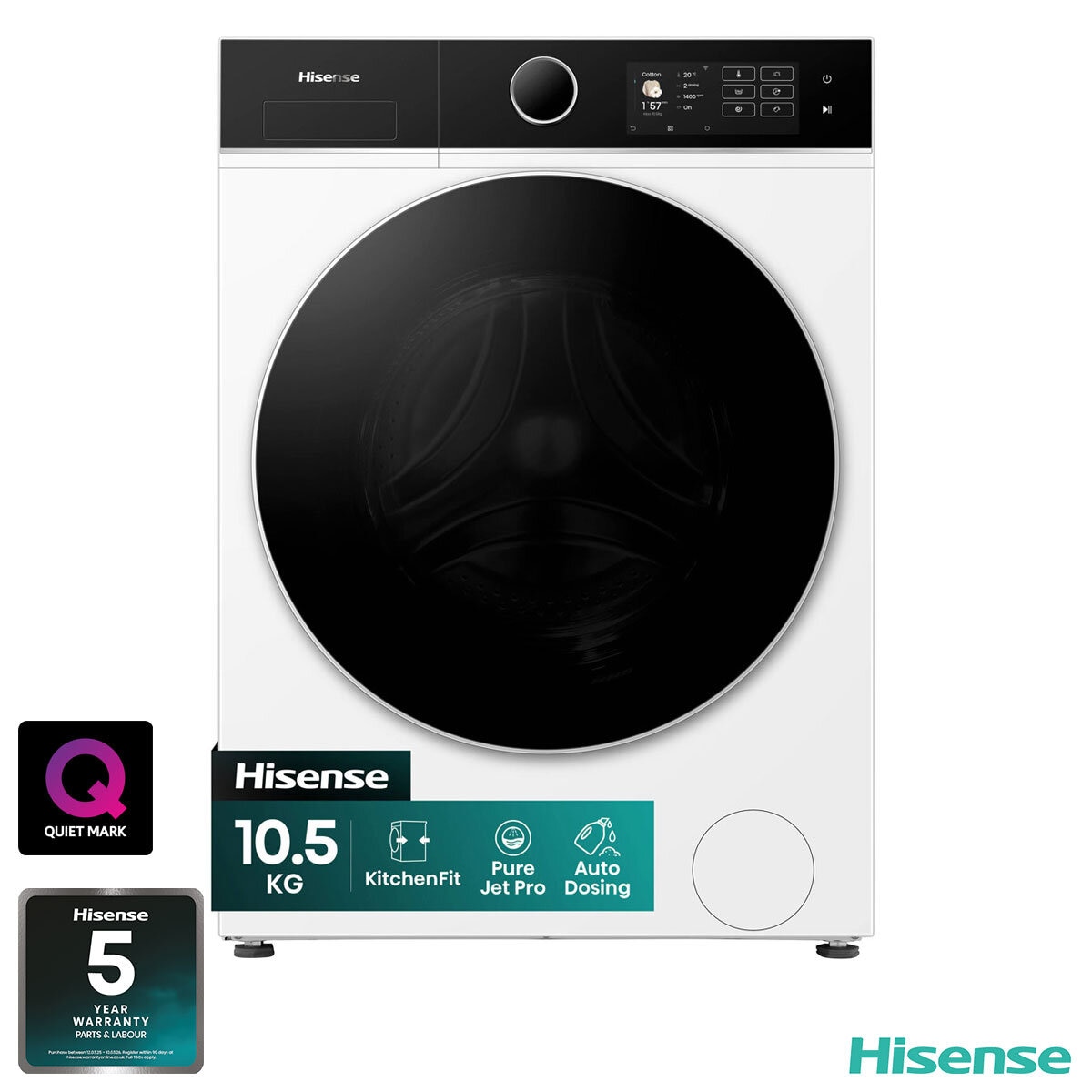 Hisense KitchenFit 5i Series WF5I1045BWQ, 10.5kg Washing Machine, A Rated in White