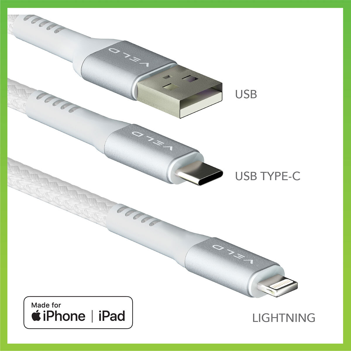 VELD Super-Fast 2m Lightning Cables - 3 Pack (1x USB-A to Lightning & 2x Type-C to Lightning)