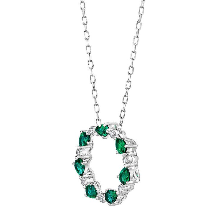 Pear Cut Lab Emerald & 0.13ctw Diamond Pendant, 14ct White Gold Pear Cut Lab Emerald & 0.13ctw Diamond Pendant, 14ct White Gold