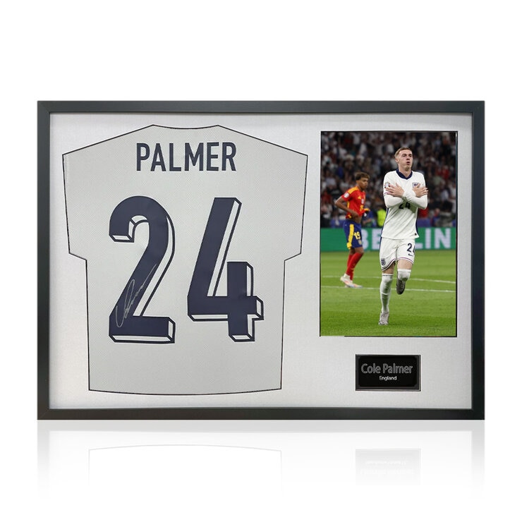 Cole Palmer Signed Framed England Football Shirt including 1 Photo in 2 Options: White or Black Mount Cole Palmer Signed Framed England Football Shirt including 1 Photo in 2 Options: White or Black Mount