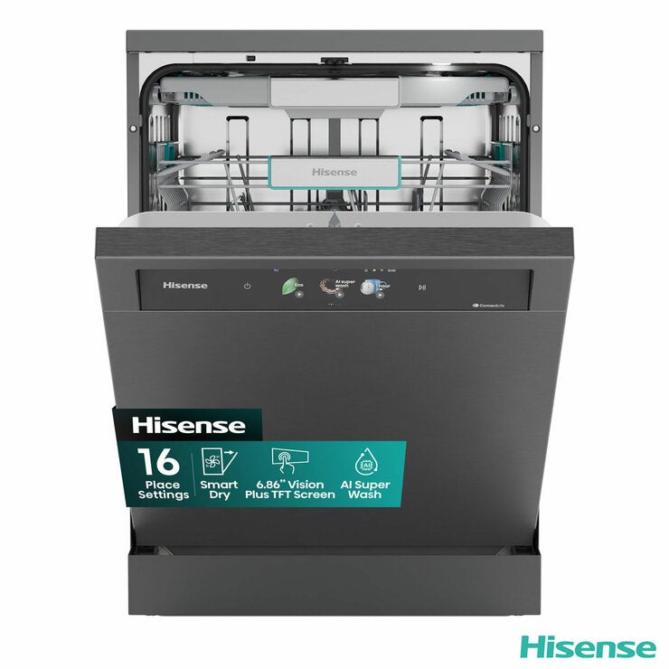 Hisense HS693A90ADBX, 16 Place Setting, Freestanding Dishwasher, A Rated in Silver Hisense HS693A90ADBX, 16 Place Setting, Freestanding Dishwasher, A Rated in Silver