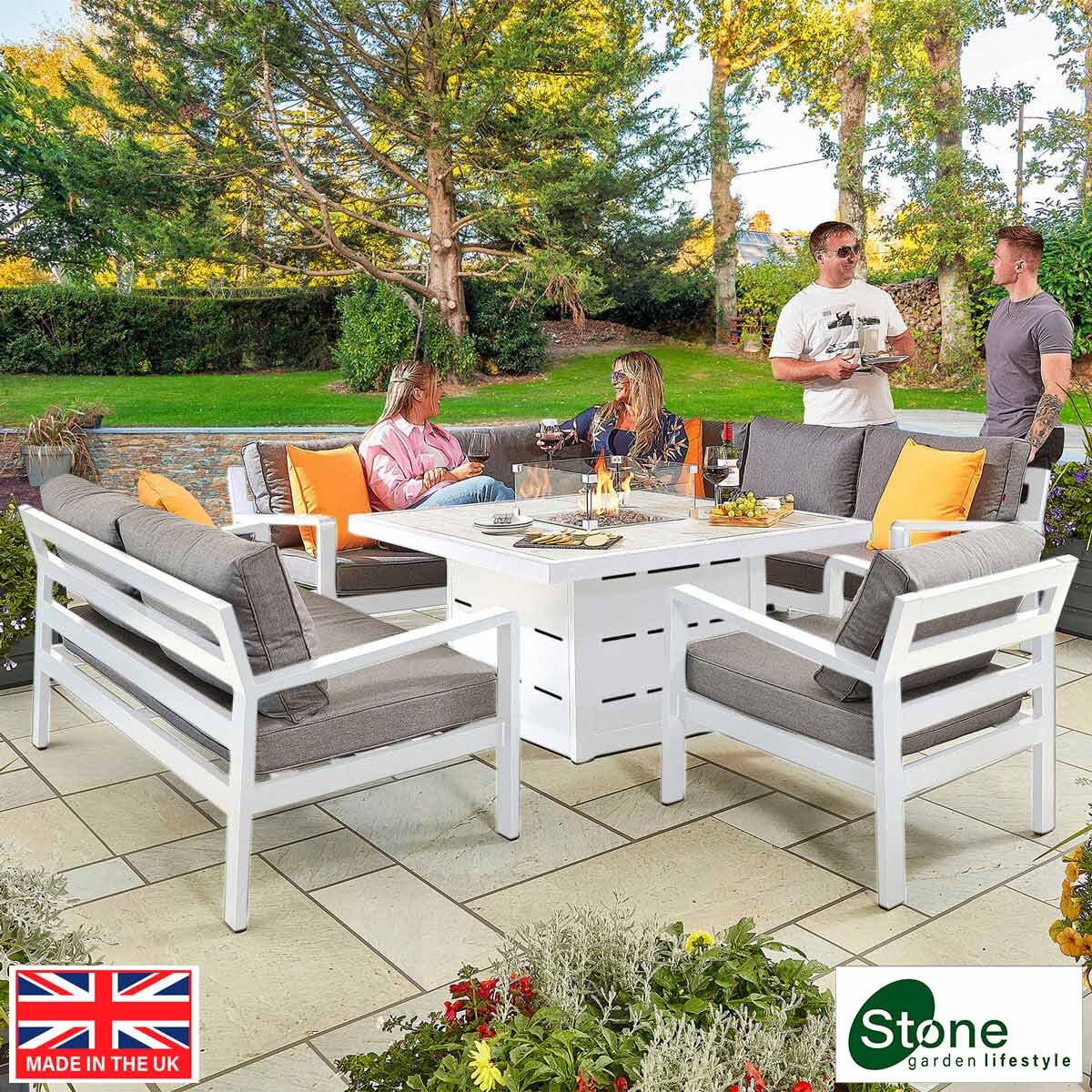 Stone Garden 4 Piece Deep Seating Corner Fire Patio Set in White