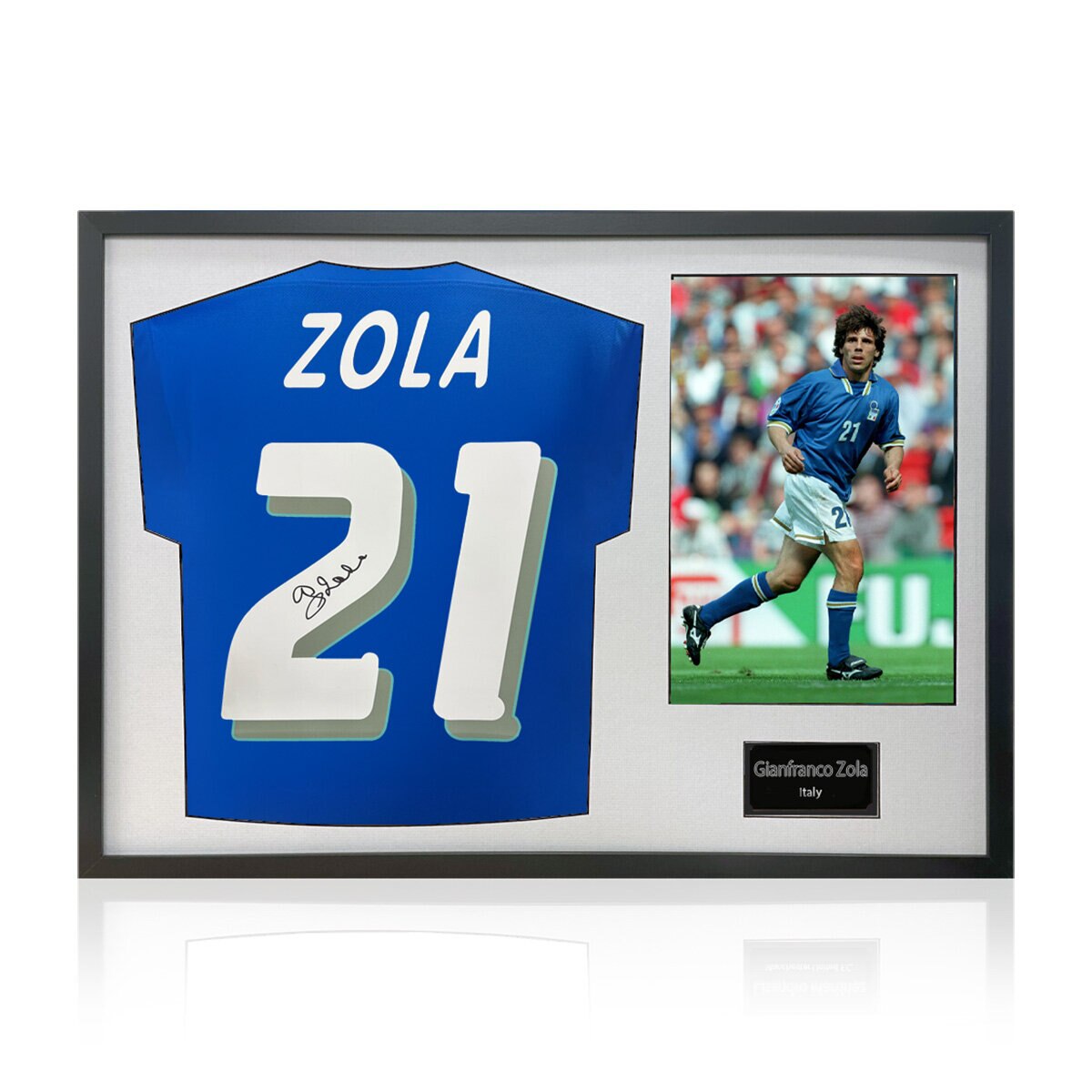Gianfranco Zola Signed Framed Italy Football Shirt & 1 Photo in White Gianfranco Zola Signed Framed Italy Football Shirt & 1 Photo in White