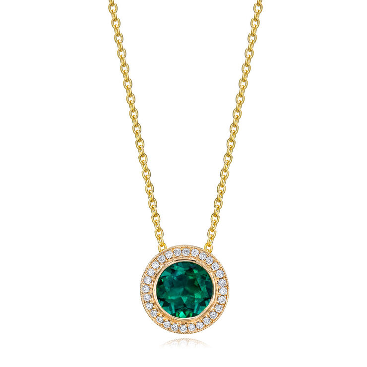 Round Cut Lab Emerald and 0.10ctw Diamond Pendant, 14ct Yellow Gold ...