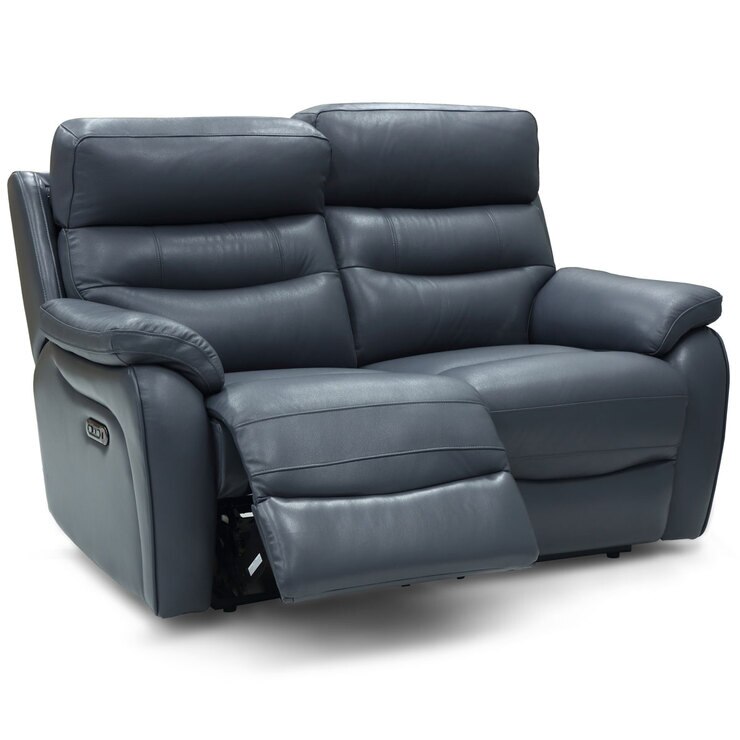 Fletcher Blue Leather Power Reclining 2 Seater Sofa with Power Headrest