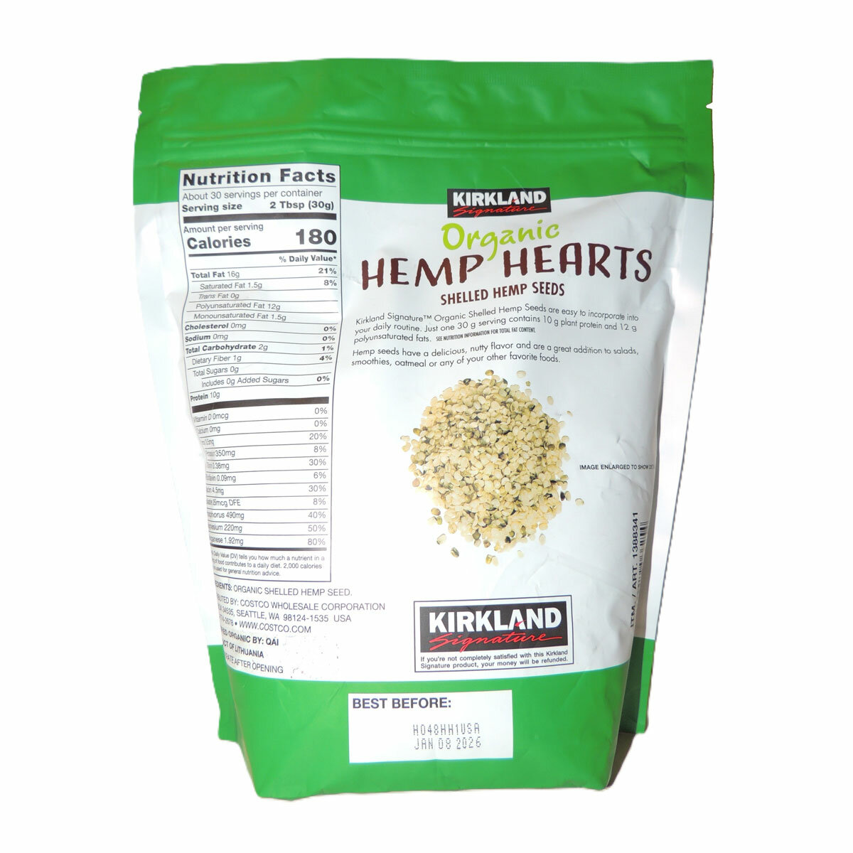 Back of pack Kirkland Signature Organic Hemp Hearts, 907g